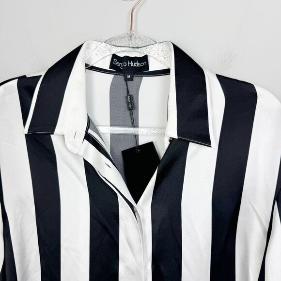 SERGIO HUDSON | NEW Silk Button Down Black/White Stripe Blouse Women’s Size M - Picture 4 of 12